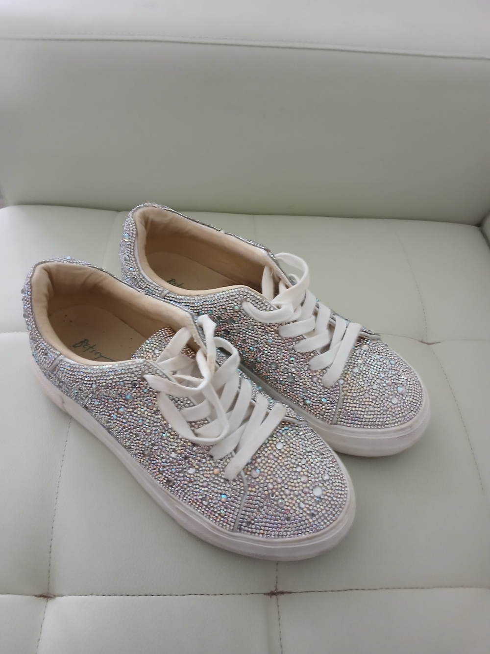 Betsey Johnson Iridescent Crystal-Embellished White Lace-Up Sneakers